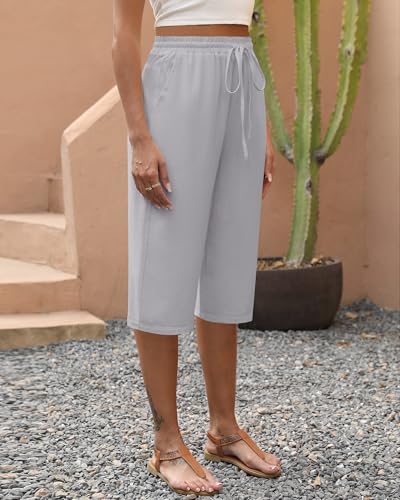 Neer 2 Pack Women's Linen Capris, Summer Drawstring Wide Leg Pants Casual High Waisted Palazzo Trousers with Pockets(Black, Light Grey,X-Large)2