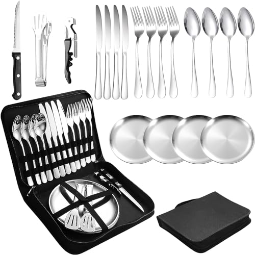 Image of Camping Crockery Set, Silver, 20-Piece Cutlery for 4 People, Portable Stainless Steel Picnic Tableware With Case, Ideal for Travel, Hiking and Outdoor Picnics