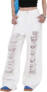 Women's Lace Panel Jeans Pants Distressed Design with Personalized Style Denim Trousers