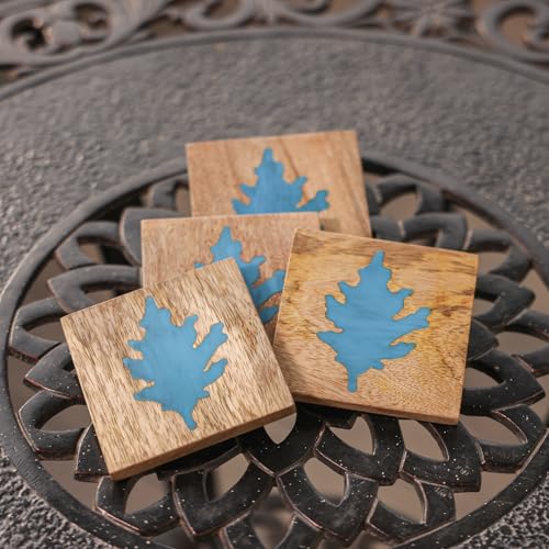Image of Ireka Home Autumn Blue Coaster Set of 4, Mango Wood & Resin - Tea Cup, Coffee Mug & Glass Coasters for Dining Table & Home Decor