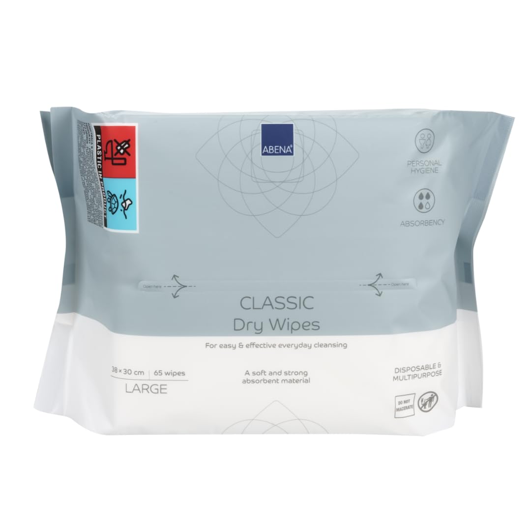 ABENA Classic Dry Wipes | Pack of 65 Wipes | 30 x 38cm | Multifunctional Cleansing Wipes | Hygiene Wipes | Easy & Effective Everyday Cleaning | Disposable Towels | Absorbency Level 3