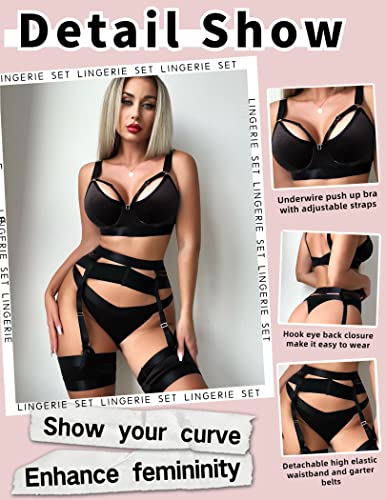 Avidlove Lingerie For Women Garter Lingerie Set For Women With Underwire Bondaged Lingerie Strappy Push Up 5 Piece Lingerie Set With Garter(Black,L) #TOP3