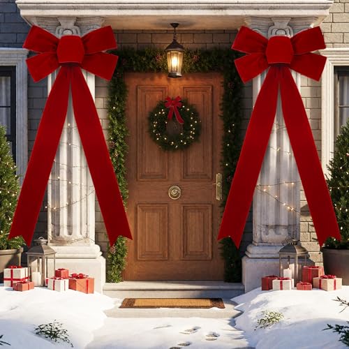 Janinka 30 x 74.8 Inches Giant Christmas Bows for Front Porch Columns Extra Large Velvet Red Bows with Long Streamer Outdoor Pillar Red Christmas Porch Decor for Holiday Xmas Tree Decorations
