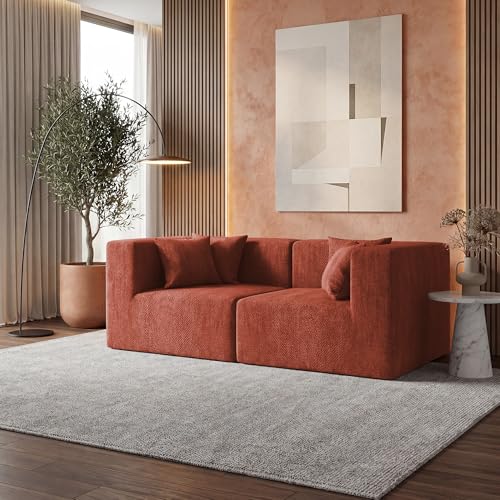 Image of MONVANE 75 inch Loveseat Sofa, Comfy Chenille Modular Sectional Sofa with 4 Pillows, Modern Deep Seat Boneless Couch, 2 Seater Sofa for Living Room, Bedroom and Apartment, Rust Red