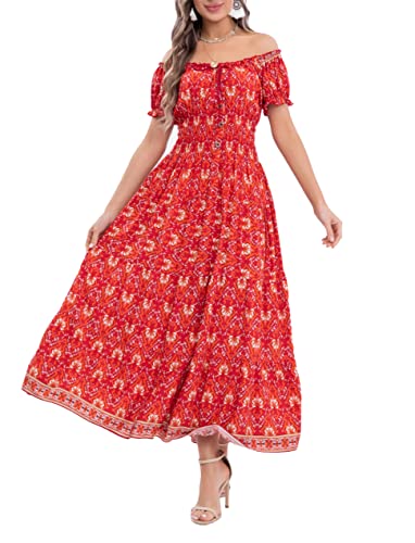 Image of OSTOO Women's Floral Maxi Dress Boho Summer Short Sleeve Smocked Waist Tiered Long Dress