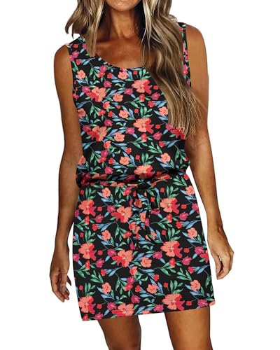 Image of AUSELILY Womens Summer Dress Casual Sleeveless Drawstring Short Dresses | Adjustable drawstring waist for a custom fit, plus 2 side pockets-perfect beach-to-street sundress