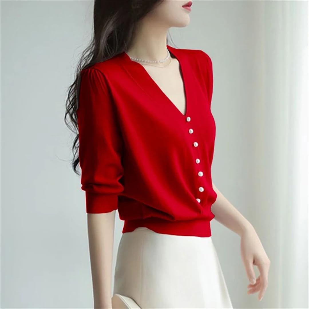 Hauts d'été en tricot à boutons perlés pour femme Col en V Slim Tricoté Décontracté