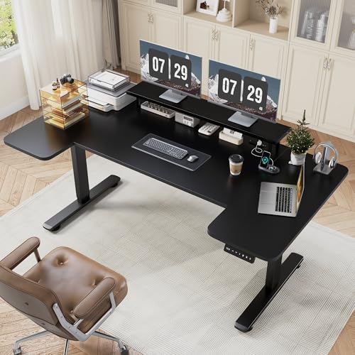EnHomee 71 Inch U-Shape Standing Desk with Monitor Shelf, Electric Computer Desk with Power Strip and LED Lights, Home Office Desk with Memory Height Adjustment for Home and Study Room, Black