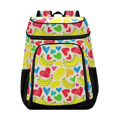 Banana Heart Beige Cooler Backpack Leakproof Insulated Lunch Cooler Bag 30 Cans Camping Backpacks for Men Women