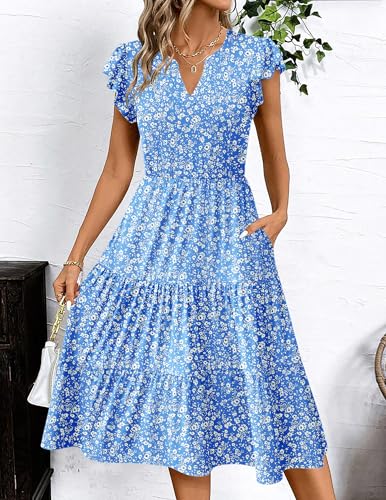 Image of ZEAGOO Womens Summer Casual Dresses Ruffle Sleeve V Neck Midi Dress Flowy Tiered Dress with Pockets Boho Sundresses