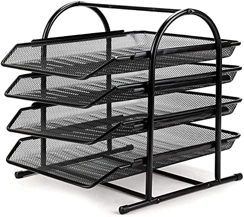 Queiting 4 Tier Mesh Letter Tray Office Filing Trays Holder Desk Organiser Stacking Supports Document Filing Trays Paper Holder Home Office Table Organized (Black)