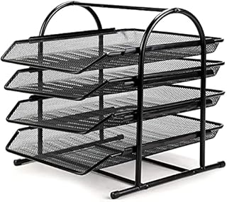 Queiting 4 Tier Mesh Letter Tray Office Filing Trays Holder Desk Organiser Stacking Supports Document Filing Trays Paper Holder Home Office Table Organized (Black)