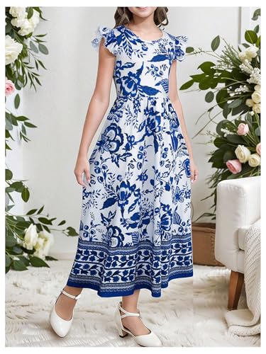 Floerns Girl's Floral Print Flounce Sleeve A Line Dress Vacation Long Dresses2