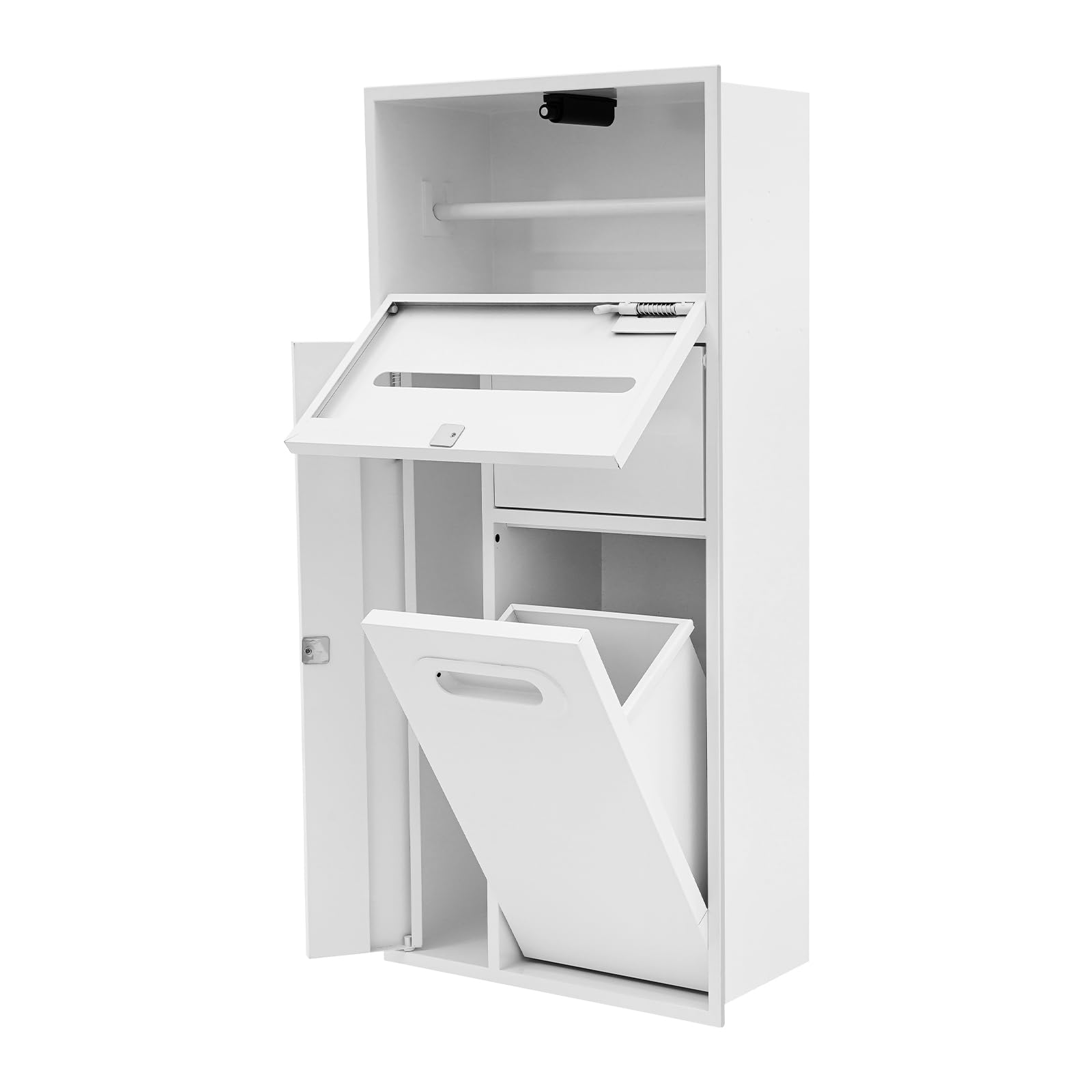 Nicho de pared para baño de acero inoxidable 304, blanco, 65 x 30 x 14 cm, multifuncional con papelera, portarrollos y soporte para cepillos, montaje
