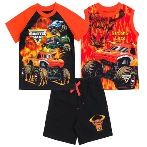 Monster Jam Grave Digger El Toro Loco Megalodon Toddler Boys Mix N Match Athletic T-Shirt Tank Top French Terry Shorts 3 Piece Outfit Set Orange/Black 4T