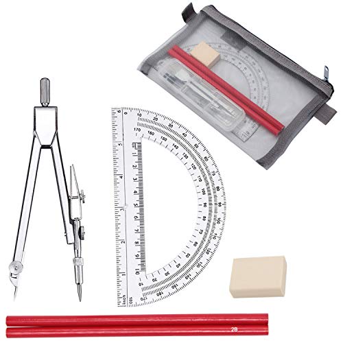 Student Geometry Math Set, PoiLee Protractor and Compass Set with 6 Inch Clear Swing Arm Protractor,Drawing Compass,Eraser and Pencil