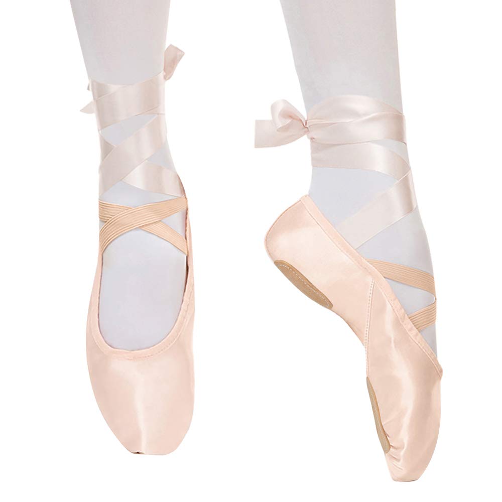 Bezioner Zapatillas de Ballet Suela Partida Satín Zapatos de Danza y Gimnasia con Cinta para Niñas y Adultos