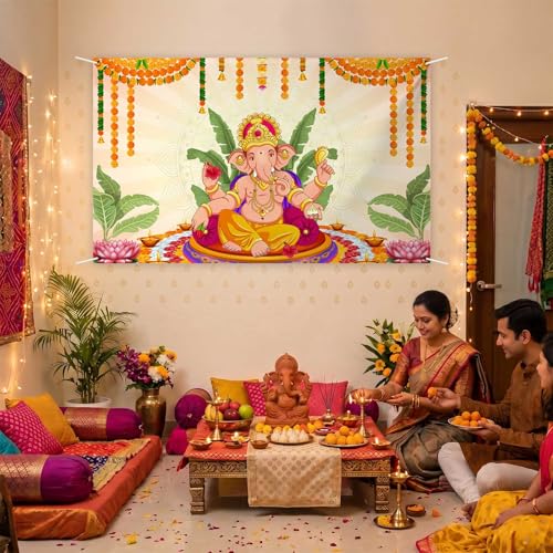 Image of Pooja Ganpati Decoration Banner Indian Puja Cloth Items Backdrop Traditional Chatiya Ganesh Mehndi Photography Background Wedding Festival Party Marigold Garlands Photo Booth 70.8x35.4inch