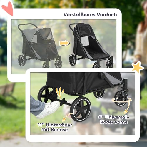 PawHut Hundewagen, Hundebuggy mit Kissen, Faltbarer Hundetrolley, Katzenbuggy für große und mittelgroße Hunde, Hundetrolley mit Netzfenster, Sicherheitsleinen, Tasche, Oxfordstoff, Grau