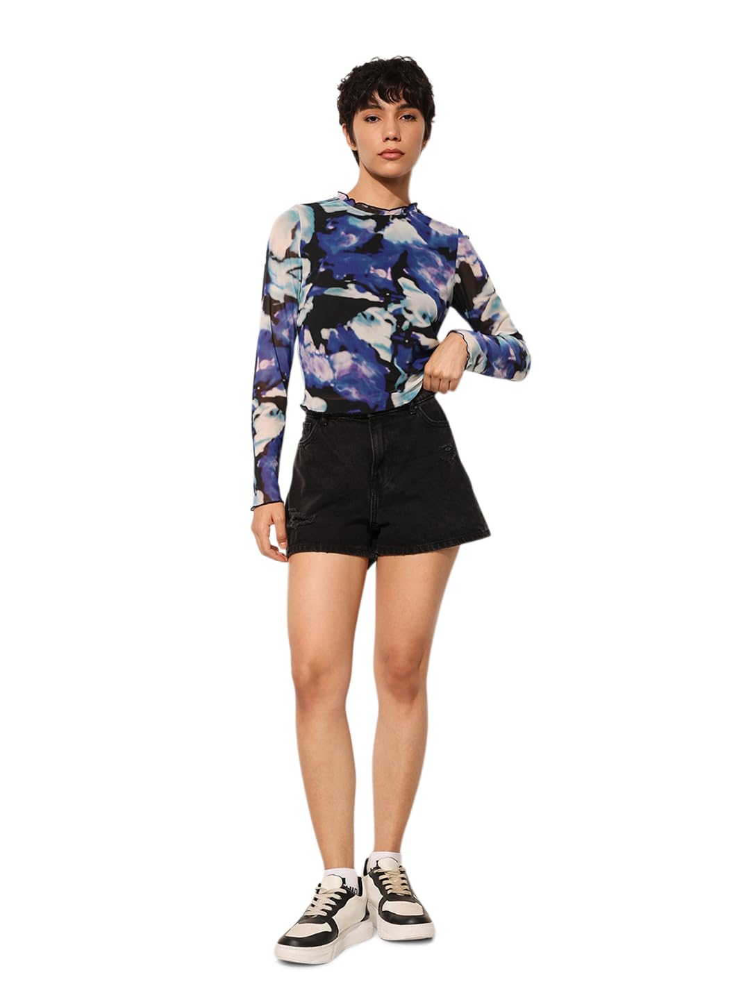 only Women's Mesh Abstract Printed Round Neck Fitted Top-picture-18
