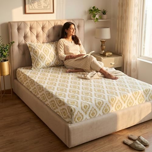 Image of Mafatlal Grace Printed Cotton Bedsheet | 186 TC | 60x90 Inch | Single Bed Size with Modern Look | Lightweight & Cozy Feel Fabric | Soft Yellow