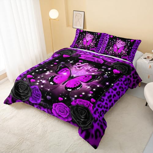 Image of QOOMO 3Pcs Leopard Print Comforter Set Queen Size,Cartoon Butterfly Bedding Set for Teens Boys Girls,Purple Comforter with 2 Pillowcases,Soft and Lightweight