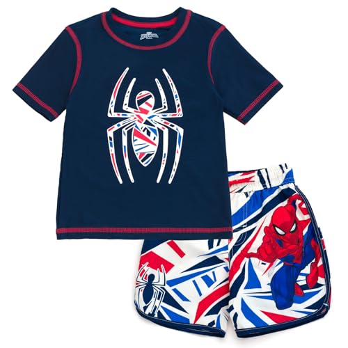 Marvel Spider-Man Little Boys UPF 50+ Rash Guard and Swim Trunks Outfit Set Logo Spider-Man Navy/White/Red 7-8