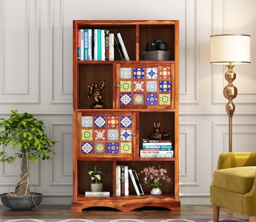 Image of Sheesham Wood Bookcase | Solid Wood Book Shelf for Home Library | Wooden Book Cabinet for Home & Office Living Room (Large, BBslf-Honey5)