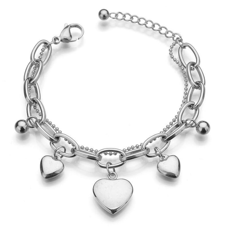 RYMAUPPulsera de plata con corazón para mujer, acero inoxidable, regalo de San Valentín, Navidad, joyas, pulsera de plata, pulsera de la amistad, pulsera con colgante de corazón para ella,