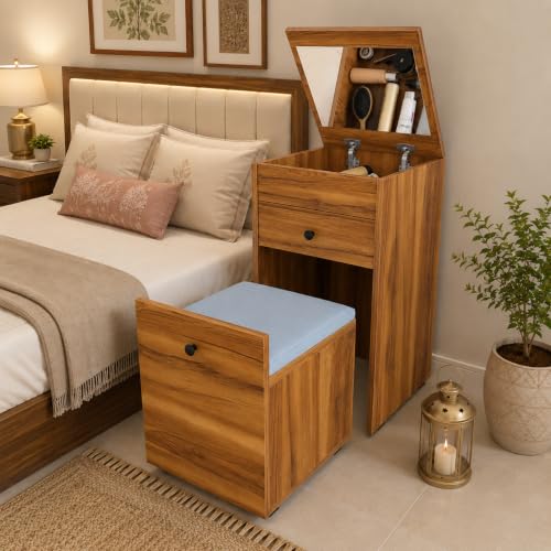 Image of Studio Kook Beleza Dressing Table with Mirror & Seat, Amber Walnut | Engineered wood dresser with lift-up mirror, drawer and pull-out cushioned storage seat; compact closed size 45 x 45 x 80 cm.