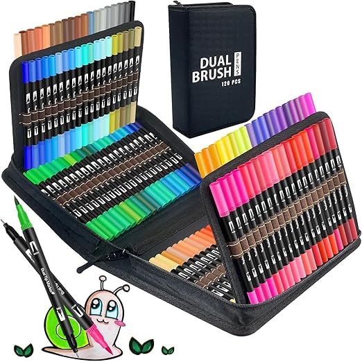 Kit Canetinhas Coloridas 120 Cores com Pontas Duplas, Conjunto Caneta Brush para Livros de Colorir para Crianças e Adultos, Canetinha Brush para Desenho, Ponta Fina e Pincel (120 cores)