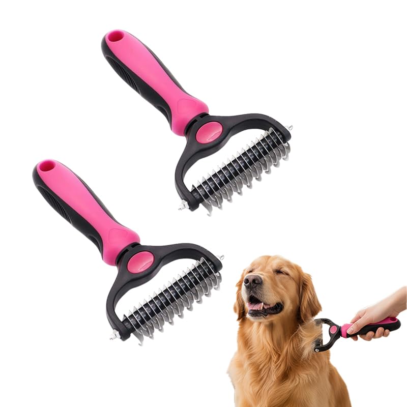 Pet Grooming Tool, Double Sided Deshedding Brush Dematting Rake, Stainless Steel Grooming Comb for Dogs & Cats, Undercoat Rake for Removing Loose Fur, Tangles and Knots (Pink-L, 2 Pack)