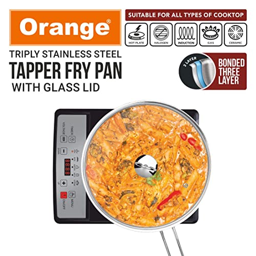 Image of Orange Triply Stainless Steel Fry Pan 1.1L Capacity with Riveted Cast Long Handle with Glass Lid | 20 cm Diameter | Heavy Bottom | Gas Stove and Induction Bottom Friendly | 5 Year Warranty.