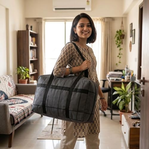 Image of Storage Bag with Zipper & Handles - Foldable Blanket & Pillow Organizer | Non-Woven Clothes Storage Bag for Quilt, Comforter, Bedding & Winter Clothes (44L - 55 x 23 x 35 cm)