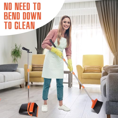 XXXFLOWER Großer Besen und Kehrschaufel-Set mit 138.4 cm langem Griff für drinnen und draußen, Zuhause, Küche, Bürozimmer, aufrecht stehender Besen und Kehrschaufel, Kombination (Schwarz und Orange) – Bild 4