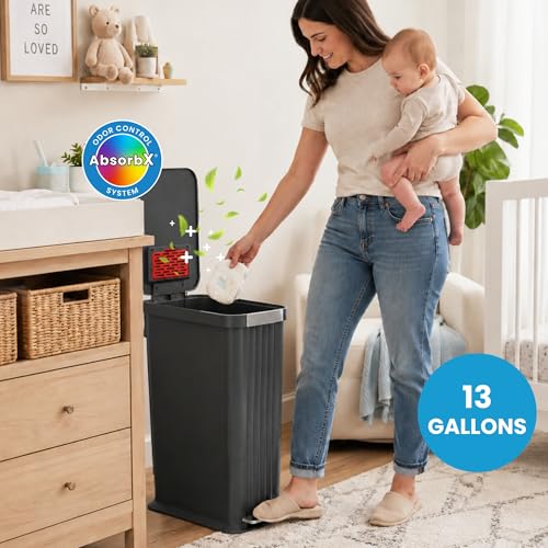 Image of Patented 13 Gallon Step Diaper Pail - Fits Kitchen Bags, Odor Filter Baby Trash Can, 135 Diaper Capacity, No Refills Needed, for Nursery Diapers and Adult Incontinence Underwear - Matte Gray