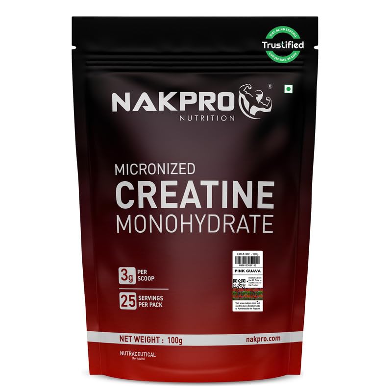 Image of NAKPRO NUTRITION Micronised Creatine Monohydrate | 100g (25 Servings) | Pink Guva | Trustified Certified | Rapid Absorption Pre /Post Workout