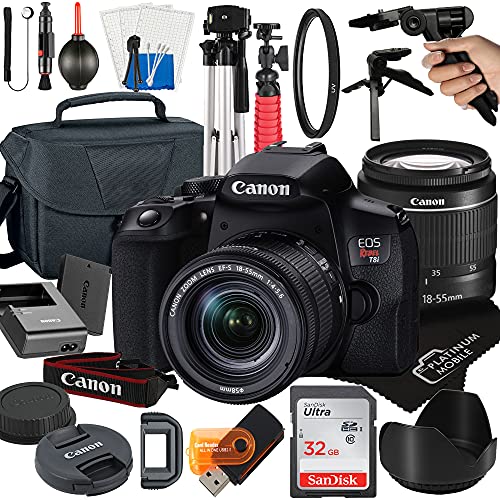 Canon EOS Rebel T8i DSLR Camera with 18-55mm Zoom Lens + Platinum Mobile Accessory Bundle Package Includes: SanDisk 32GB Card, Tripod, Case, Pistol Grip and More (21pc Bundle)