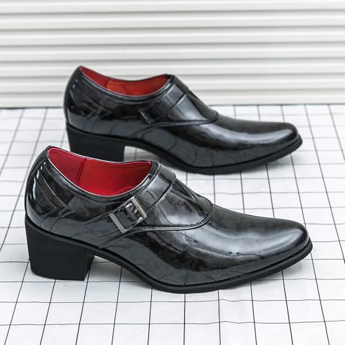 Men's Patent Leather Chunky Heel Dress Loafers with Buckle Strap Fashion Classic Cap Toe Low Top Block High Heel Slip On Oxford Shoes Casual Business Office Wedding Formal Shoes4
