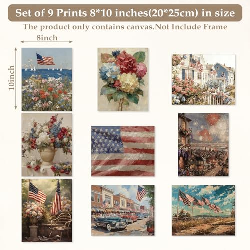 Image of Whaline 9 Pcs Patriotic Wall Art Prints Paper Posters American Flag Floral Oil Painting Pictures for 250th Anniversary 4th of July Independence Day Home Office Gallery Party Decor, Unframed