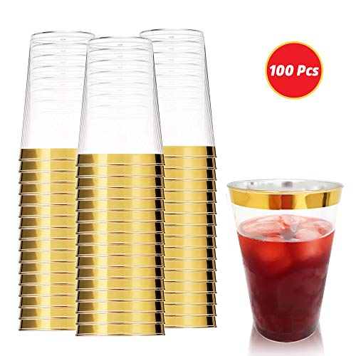 12oz Gold Plastic Cups 100Pack, Clear Plastic Cups, Disposable Gold Rimmed Cups