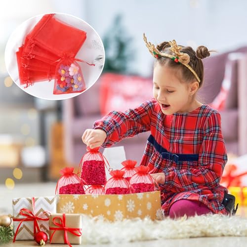 Image of Hopttreely 100pcs Organza Bags, 4 x 4.72 inches Red Christmas Wedding Favors Christmas Gift Drawstring Bags Jewelry Pouches