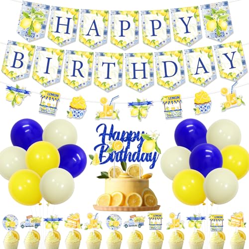 JOYMEMO Décorations d'anniversaire bleu citron – Fournitures de fête avec bannière Capri Lemon Happy Birthday – Guirlande de limonade pour cupcakes