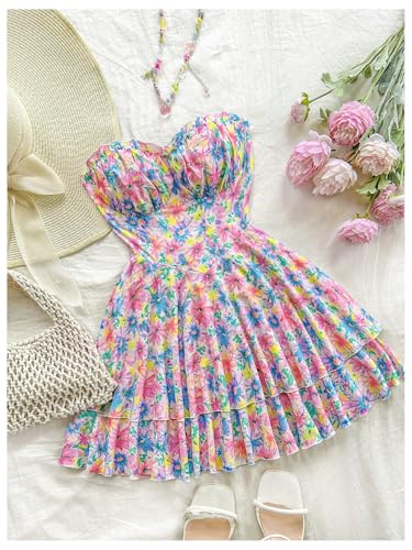 Image of Floerns Women's Floral Strapless Tube Dress Ruched Bust Tiered Hem A Line Mini Dresses