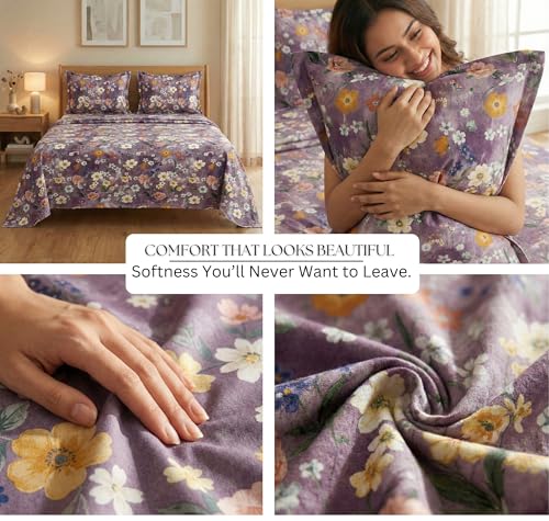 Image of BSB HOME Cloud Cotton King Size Bedsheet Set 228 x 254 cm, 220 Thread Count Soft & Breathable Cotton Bedsheet with 2 Pillow Covers, Floral Printed Bedding for Home (Dusty Lavender)