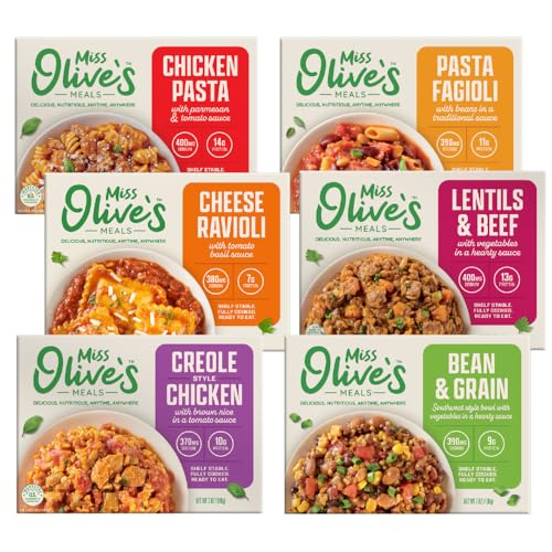 Miss Olive’s Ready Meals Variety Pack (6 Pack) – Microwave Ready to Eat Meals, Lower Sodium Shelf-Stable Lunch & Dinner Bundle