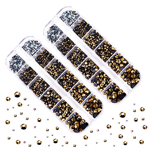 Blinginbox DMC Hotfix Rhinestone 2 Box Total 5200 Pieces Mixed Size Round Crystals Glass Gems for Costume Jewelry Making (Mine Gold)