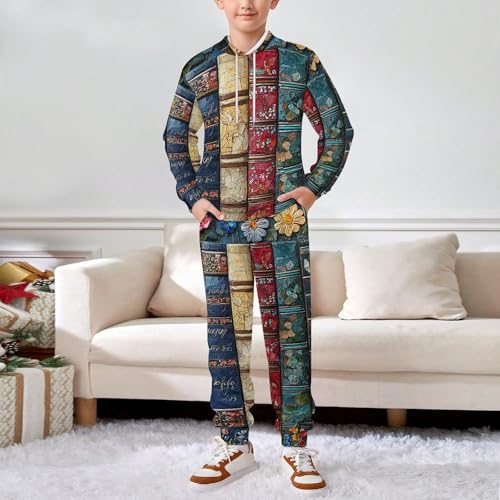 Boy's Girl's Hooded Tracksuit Pullover Sweatshirt Jogging Pants Sweatsuit, Books Lovers Flower Patterns Art3