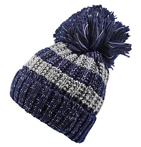 Bonnet à gros pompon Itzu en maille côtelée bleu pour femme
