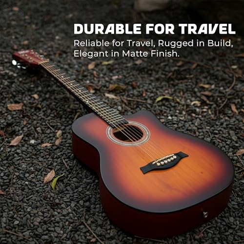 Image of Revel 38 Inch Acoustic Guitar Cutaway Wooden Guitar with High-Gloss Finish, Steel Strings, Smooth Tuning Pegs, Includes Carry Bag, Picks & String Winder | Acoustic Guitar for Beginners.(SUN BURST)